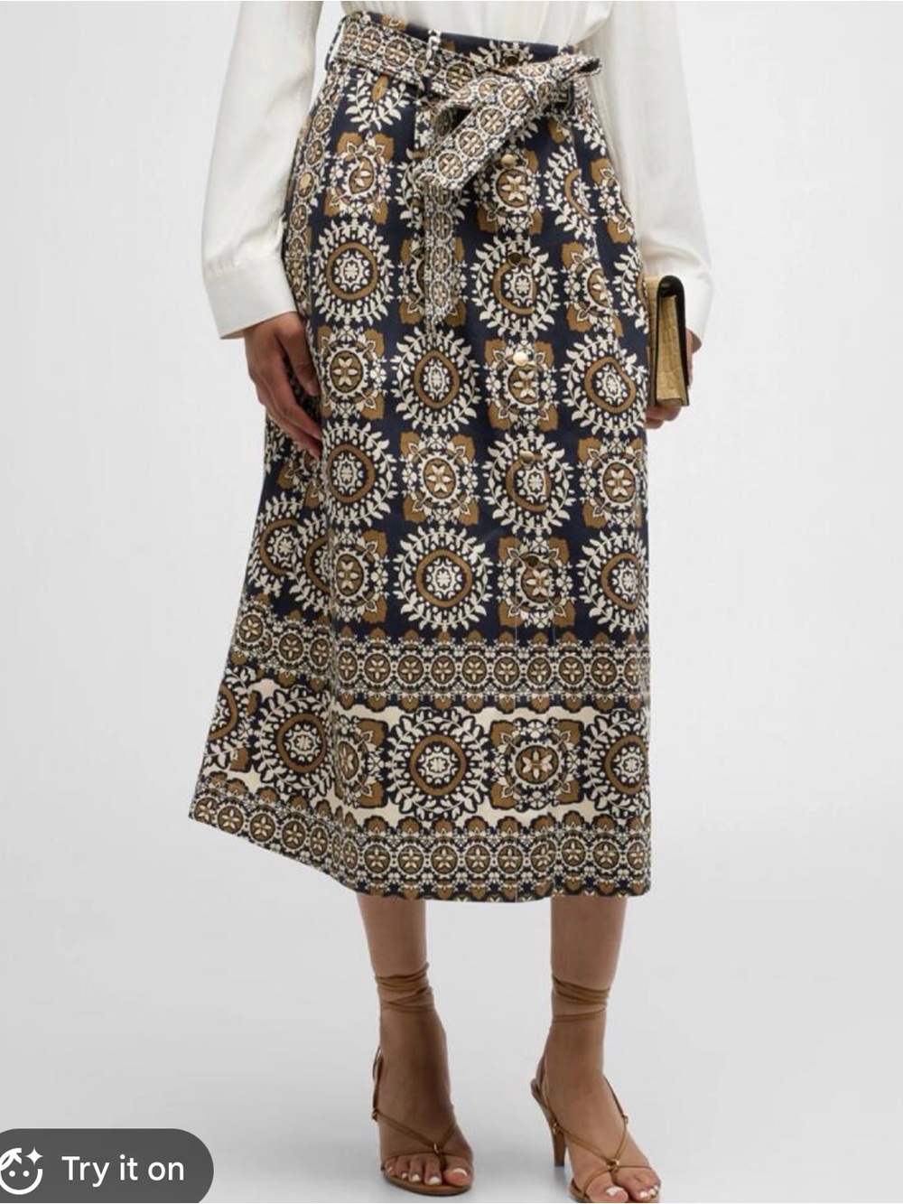 NWT Cara Cara Navy & Tan Medallion Print Midi Oslo Skirt with Tie Belt Size M